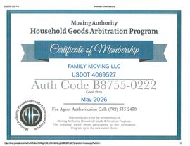 A certificate of membership from the moving authority household goods arbitration program