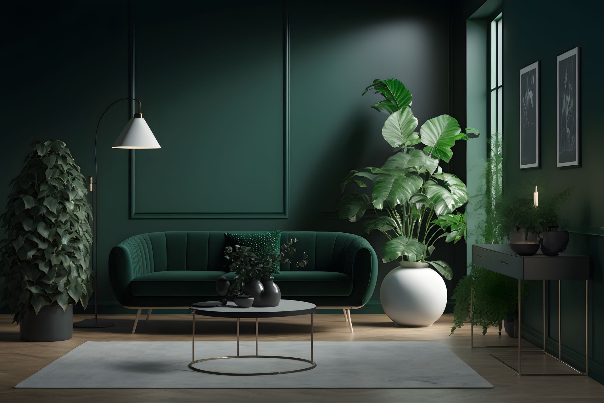 Een woonkamer met groene muren, een groene bank, een witte salontafel en potplanten.