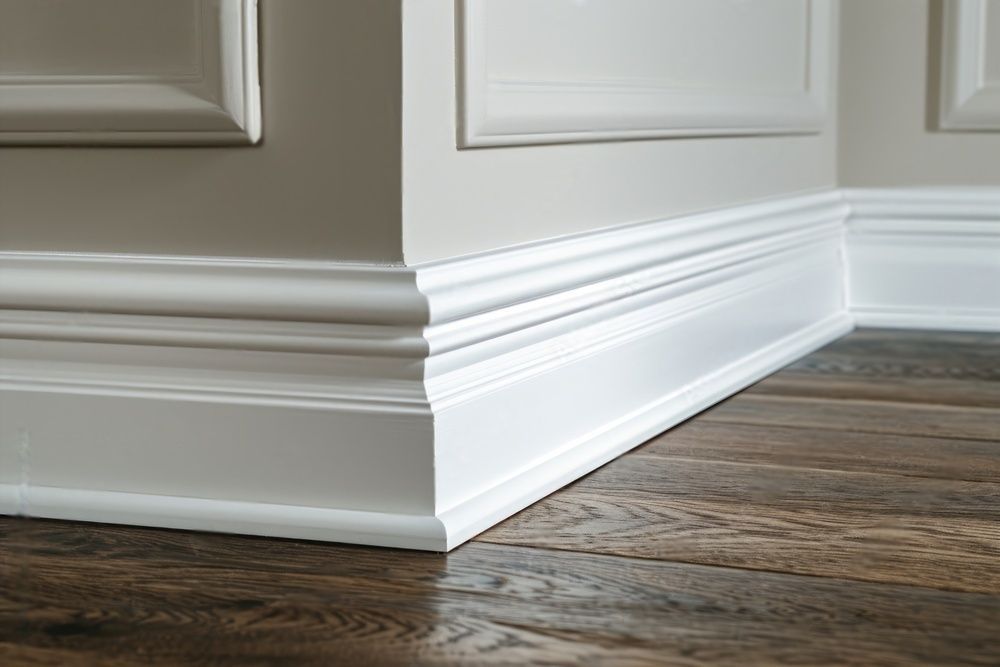 Een close-up van een witte lijst op een houten vloer.