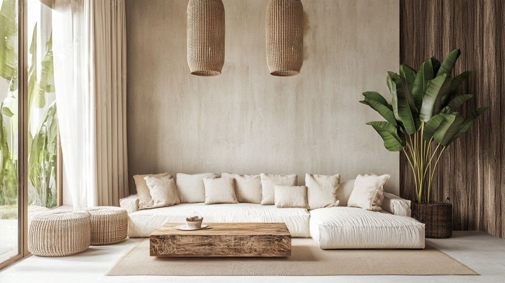 Een woonkamer met een bank, salontafel, voetenbankjes en een plant.