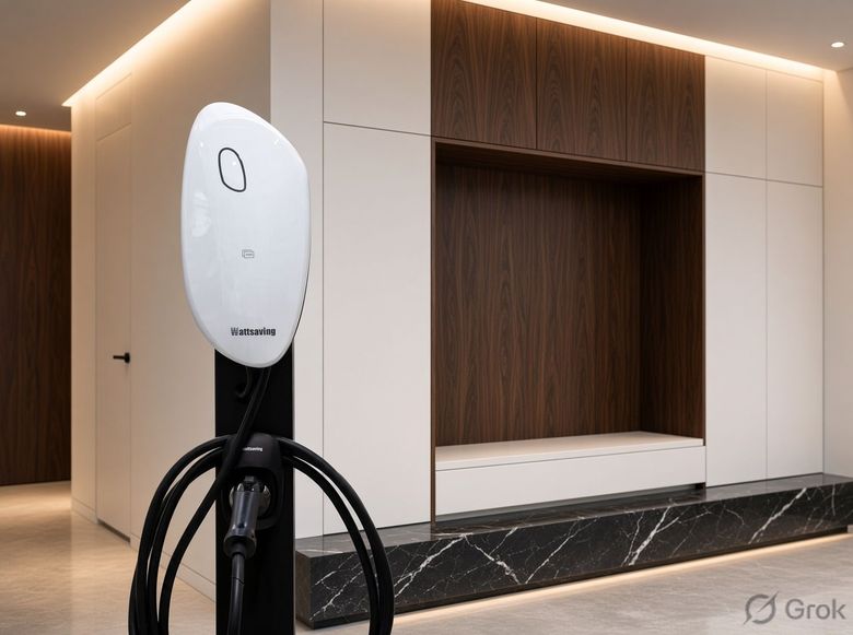 Electric vehicle charging station in a modern lobby with wood and white wall panels.