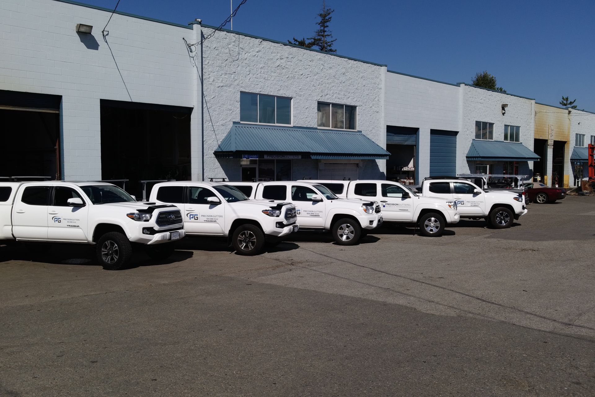 A row of white trucks parked in front of a building