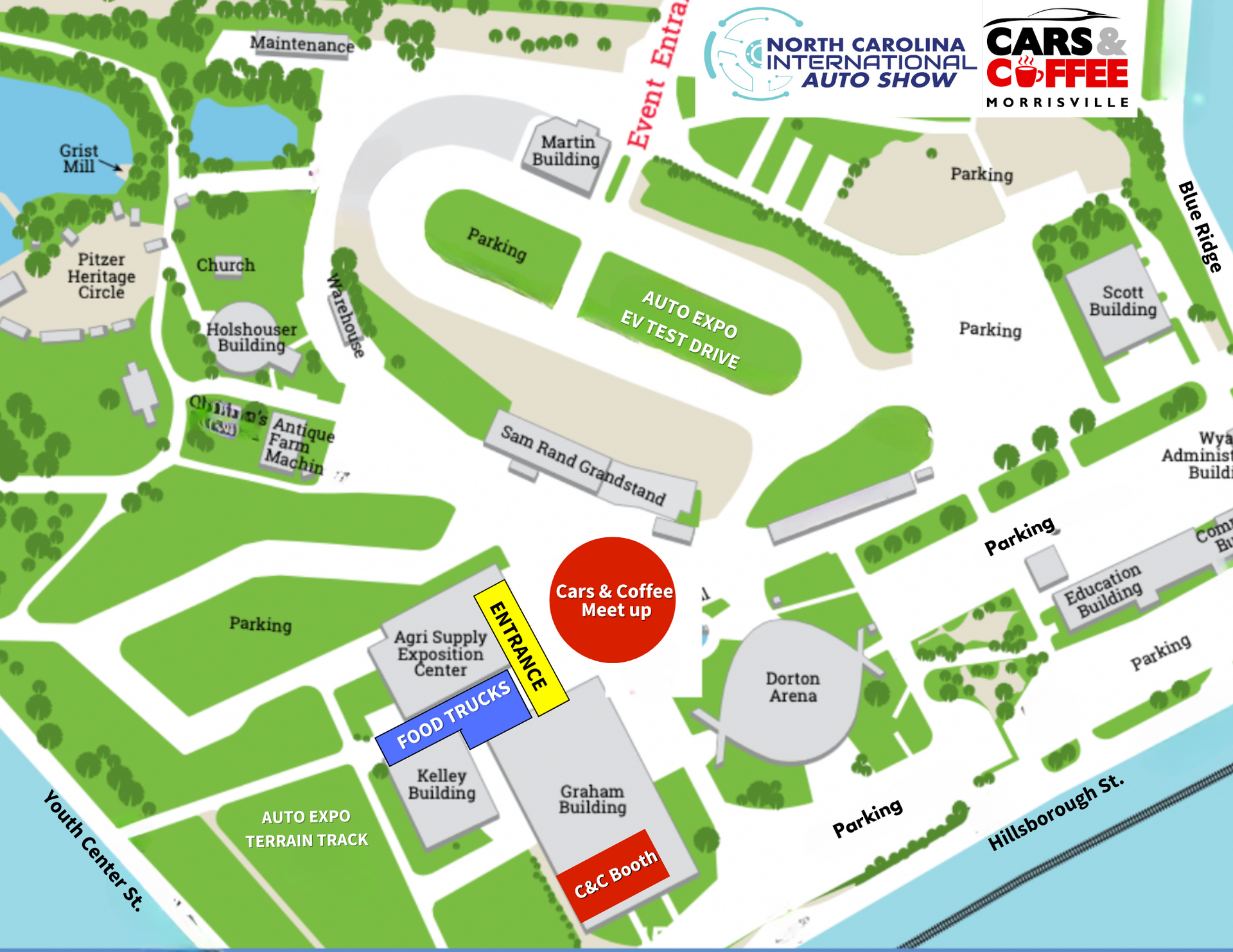 Map of a campus area with green lawns, buildings, roads, parking, and a waterfront edge