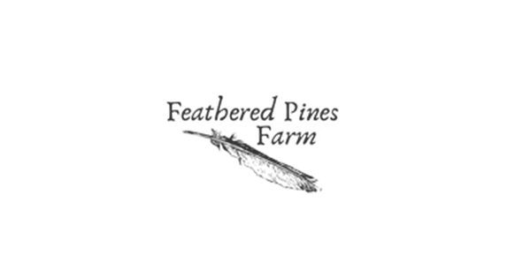 Logo reading “Feathered Pines Farm” with a feather illustration underneath.