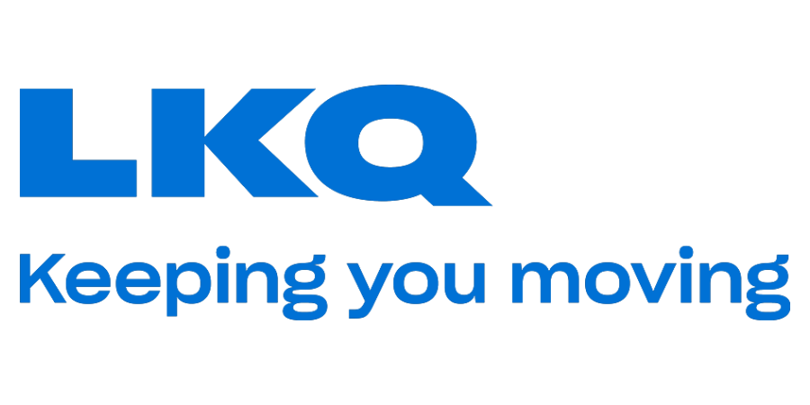 LKQ logo with slogan “Keeping you moving” in blue on a white background