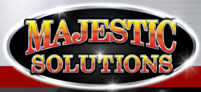 Majestic Solutions logo with bold gold and red text on a black oval over a red background