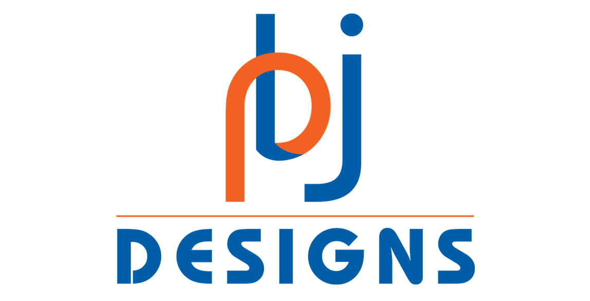 PJ Designs logo in blue and orange with stylized letters above the word “DESIGNS”