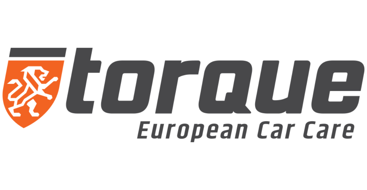 Torque European Car Care logo with orange shield icon and gray text on white background