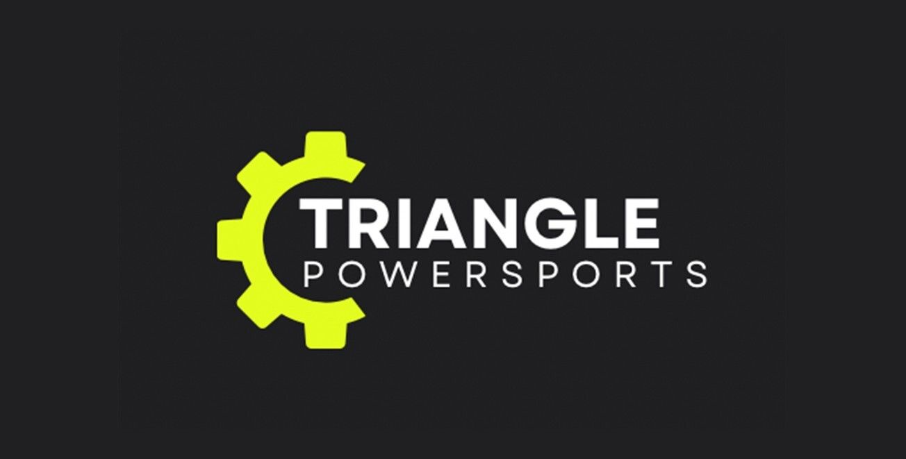 Triangle Powersports logo with neon green gear icon on dark background