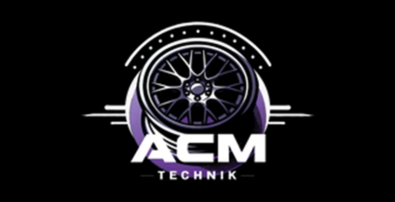 ACM Technik logo with stylized car wheel in white and purple on a black background