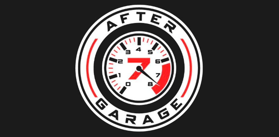 Circular After Garage logo with black, white, and red gauge design on a black background