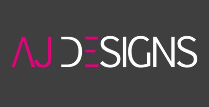 AJ Designs logo in pink and white on a dark gray background