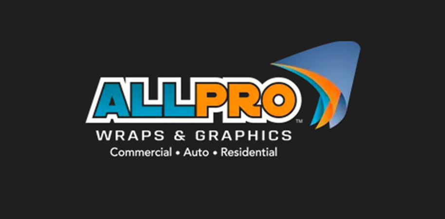 AllPro Wraps & Graphics logo with blue, orange, and white lettering on a black background