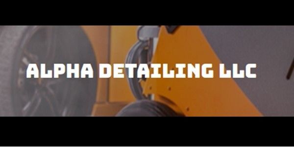 Logo reading “ALPHA DETAILING LLC” over a close-up of a yellow car being detailed