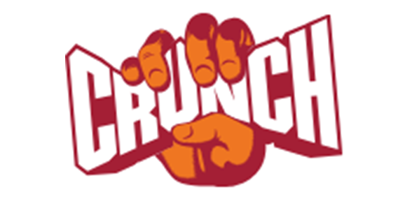 Crunch candy logo with a hand breaking through the red wordmark