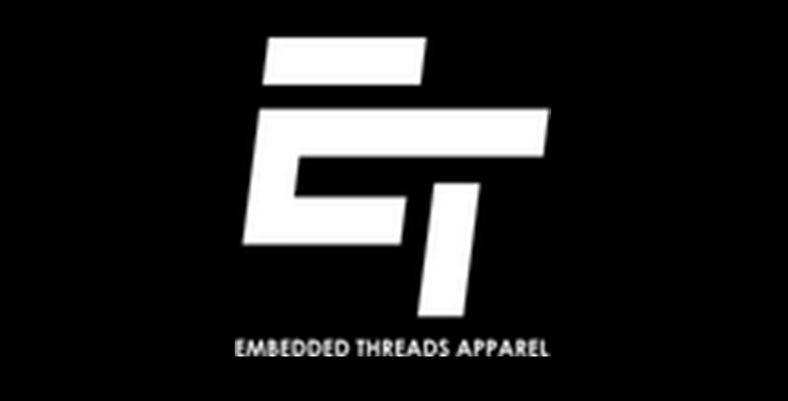 White stylized ET logo above small text “Embedded Threads Apparel” on a black background