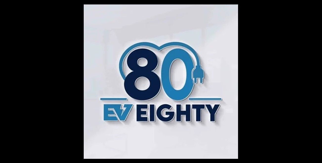 Blue and gray “80 EV EIGHTY” logo on a white background