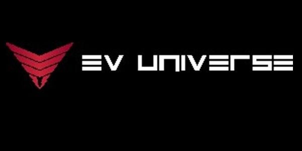 Red stylized emblem and white “EV Universe” text on a black background