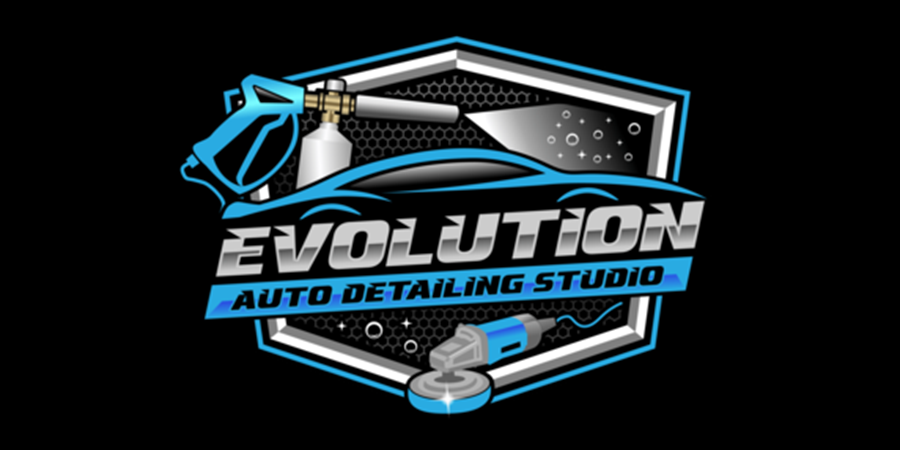 Evolution Auto Detailing Studio logo with blue car, sponge, and silver-black shield emblem