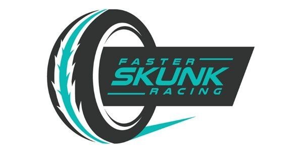 Faster Skunk Racing logo with teal and black skunk-tail graphic and stylized text
