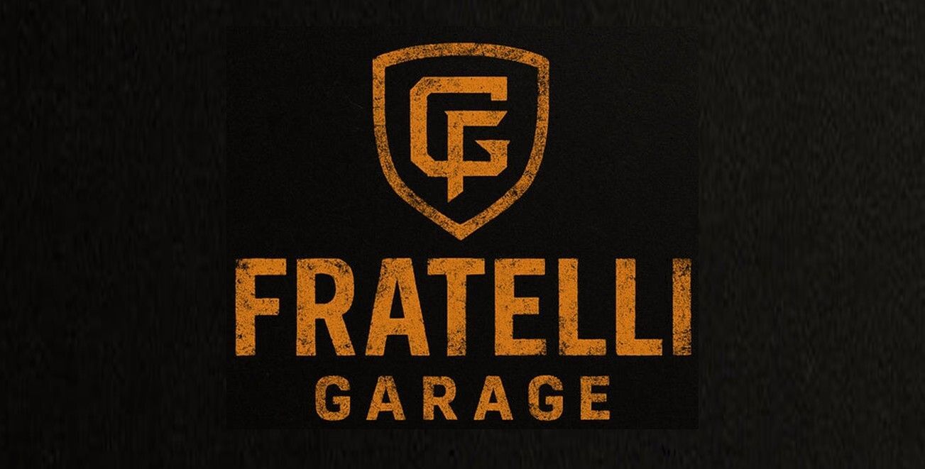 Orange Fratelli Garage logo with shield emblem on black background