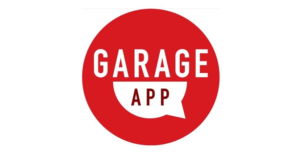 Garage App logo in a red circle with white text and a speech bubble.