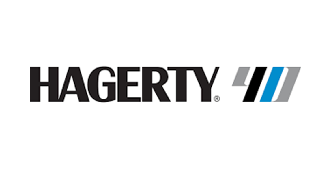 Hagerty logo in black with blue and gray diagonal stripes on a white background