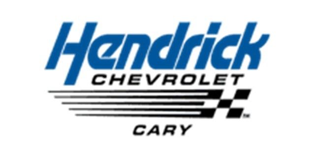 Hendrick Chevrolet dealership logo with checkered flag and Cary black and blue text on white background
