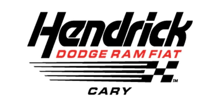 Hendrick Dodge Ram Fiat dealership logo with checkered flag and Cary text on black background