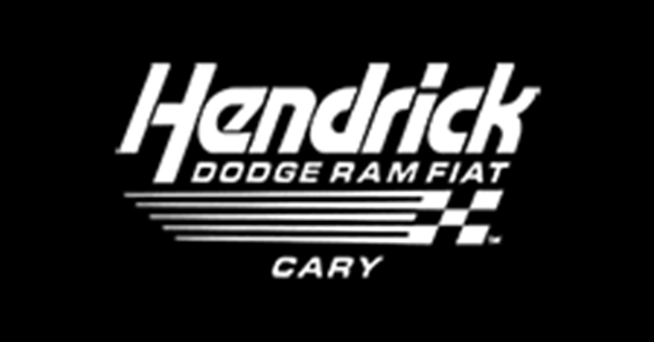 Hendrick Dodge Ram Fiat dealership logo with checkered flag and Cary text on black background