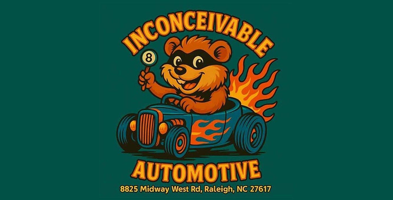 Orange bear driving a vintage car logo for Inconceivable Automotive on a teal background
