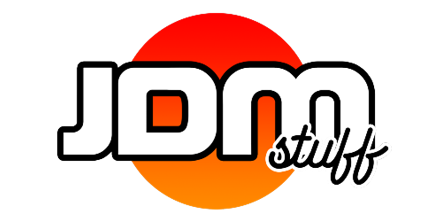 JDM Stuff logo in black and white with a red-orange circular background and cursive 