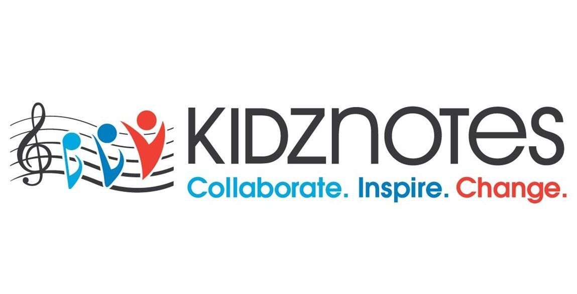 KIDZnotes logo with music notes and figures, tagline “Collaborate. Inspire. Change.”