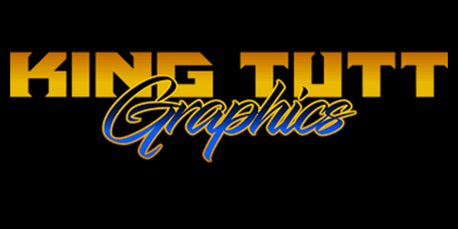 King Tutt Graphics logo in gold and blue on a black background