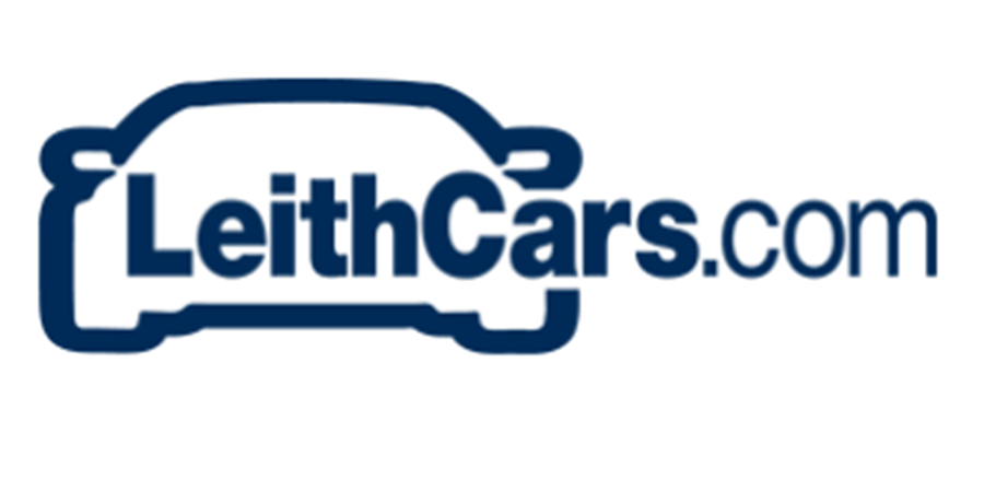 LeithCars.com logo with navy car outline and white text on blue background