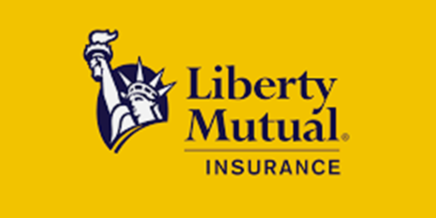 Liberty Mutual Insurance logo in blue and gold with the Statue of Liberty icon on a gold background