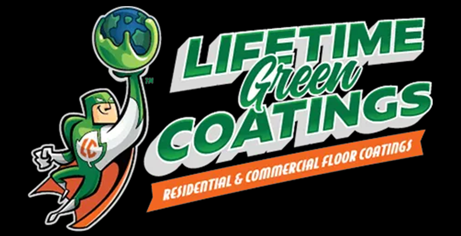 Logo for Lifetime Green Coatings with green and orange lettering, globe mascot, 
