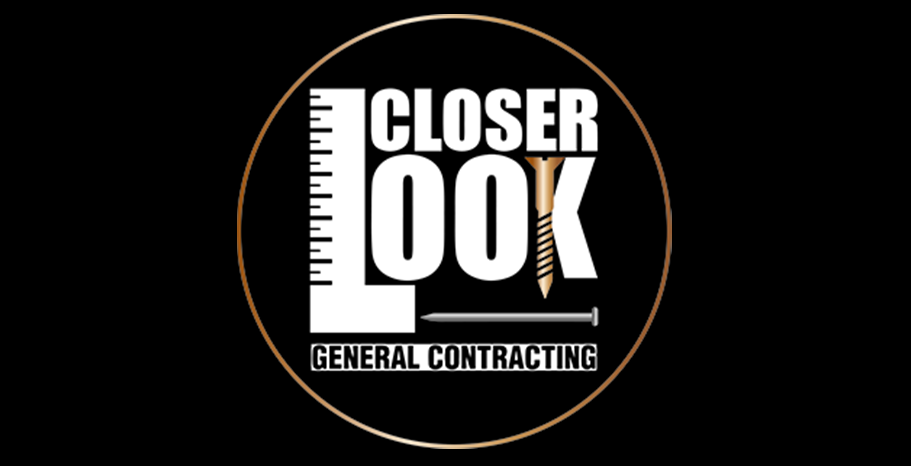 Black logo reading “Closer Look General Contracting” with a ruler graphic on a circular background.
