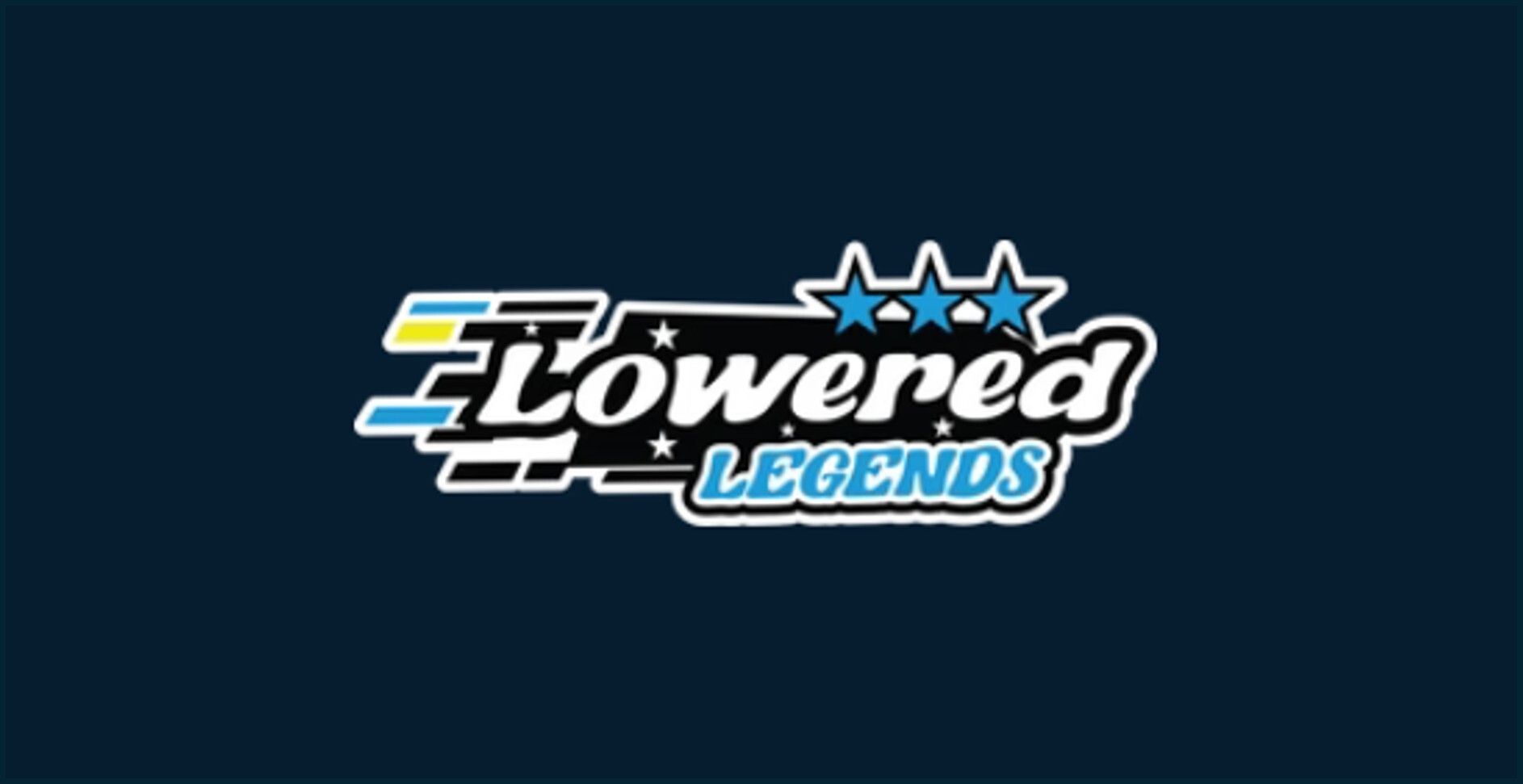 White and blue logo with “Lowered Legends” text and blue stars on a black background