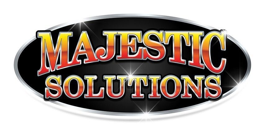 Majestic Solutions logo with bold gold and red text on a black oval over a red background