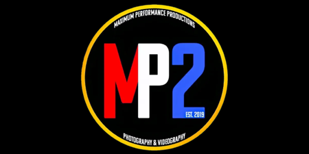 Black circular MP2 logo with red, white, and blue letters on a black background