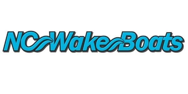 NCAwakeBoats logo in blue text with black shadow on a white background