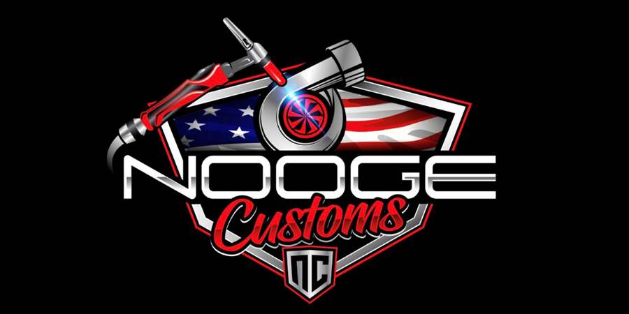 Nooge Customs logo with stylized American flag, red and black shield, and wrench graphic