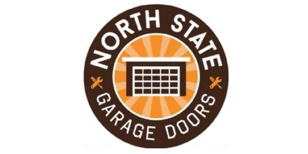 North State Garage Doors logo with a garage door icon in orange and brown круг형 badge