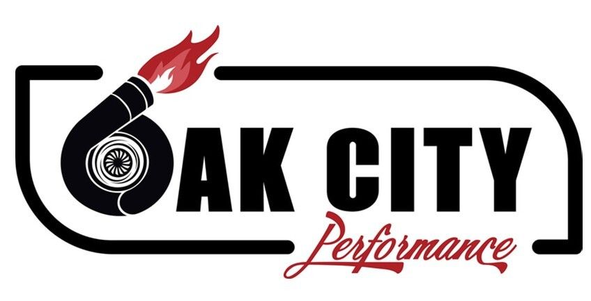 Oak City Performance logo in white and red on a dark camouflage background