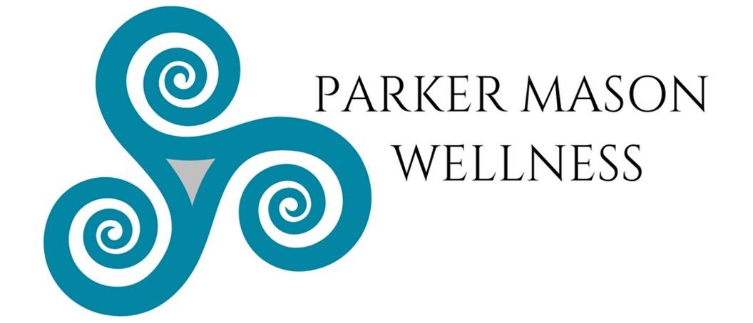 Parker Mason Wellness logo with teal triple spiral symbol and black text on white background