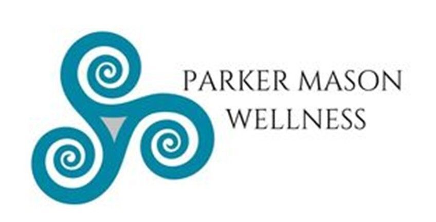 Parker Mason Wellness logo with teal triple spiral symbol and black text on white background