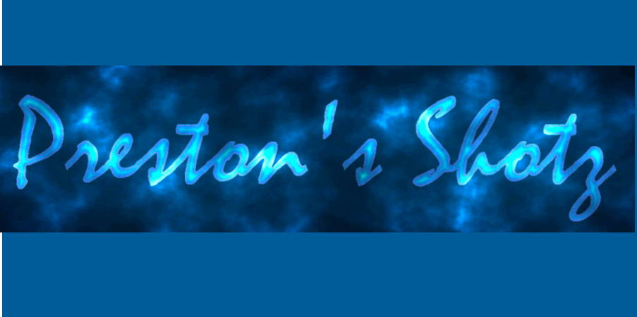 Blue neon script reading “Preston’s Shots” on a dark blue background