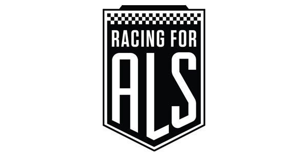 Black-and-white “Racing for ALS” shield logo with checkered flag pattern at the top