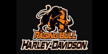 Raging Bull Harley-Davidson logo with an orange bull and bold black-and-white text on a black background